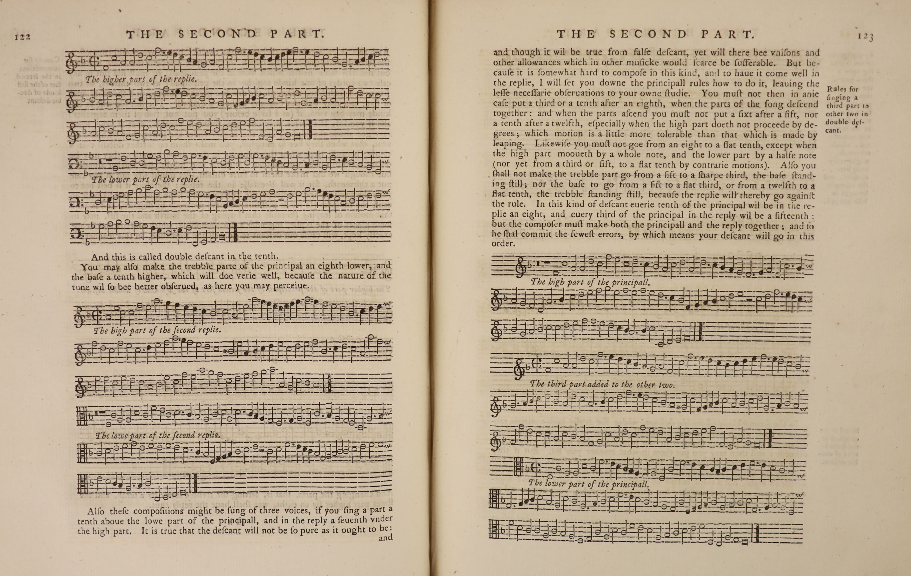 Morley, Thomas - A plain and Easy Introduction to Practical Music, set down in form of a dialogue… Now reprinted for William Randall… Pictorial engraved title page. Quarter calf and old marble boards, 4to. William Randal